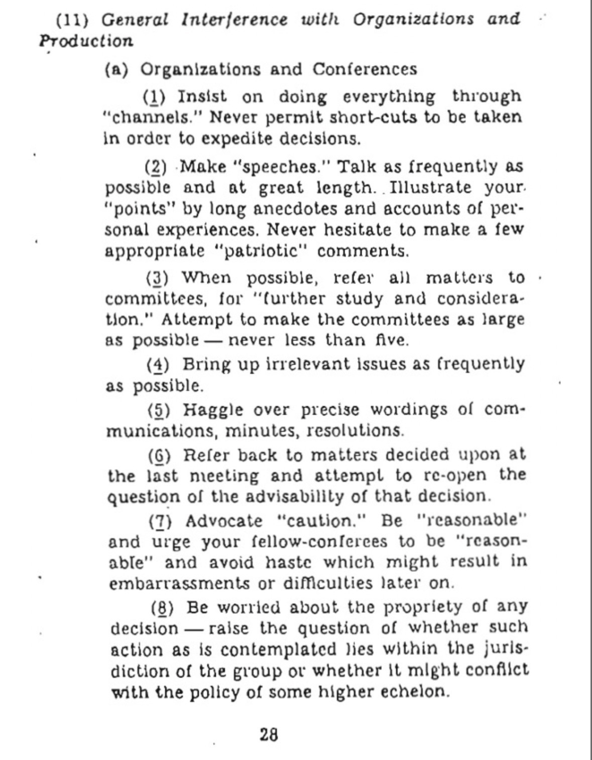 Page 28 of the manual, titled General Interference with Organizations and Production, listing eight ways to sabotage organizations and conferences.